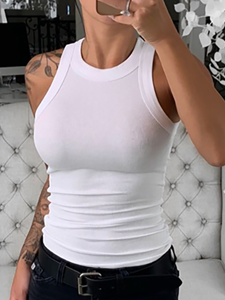 Women Solid Round Neck Ribbed  - Tank Top Ribbed 评论和价格