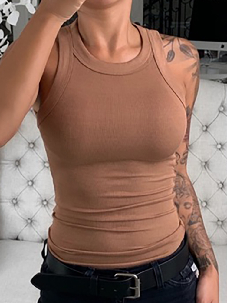 Women Solid Round Neck Ribbed  - Tank Top Ribbed 评论和价格